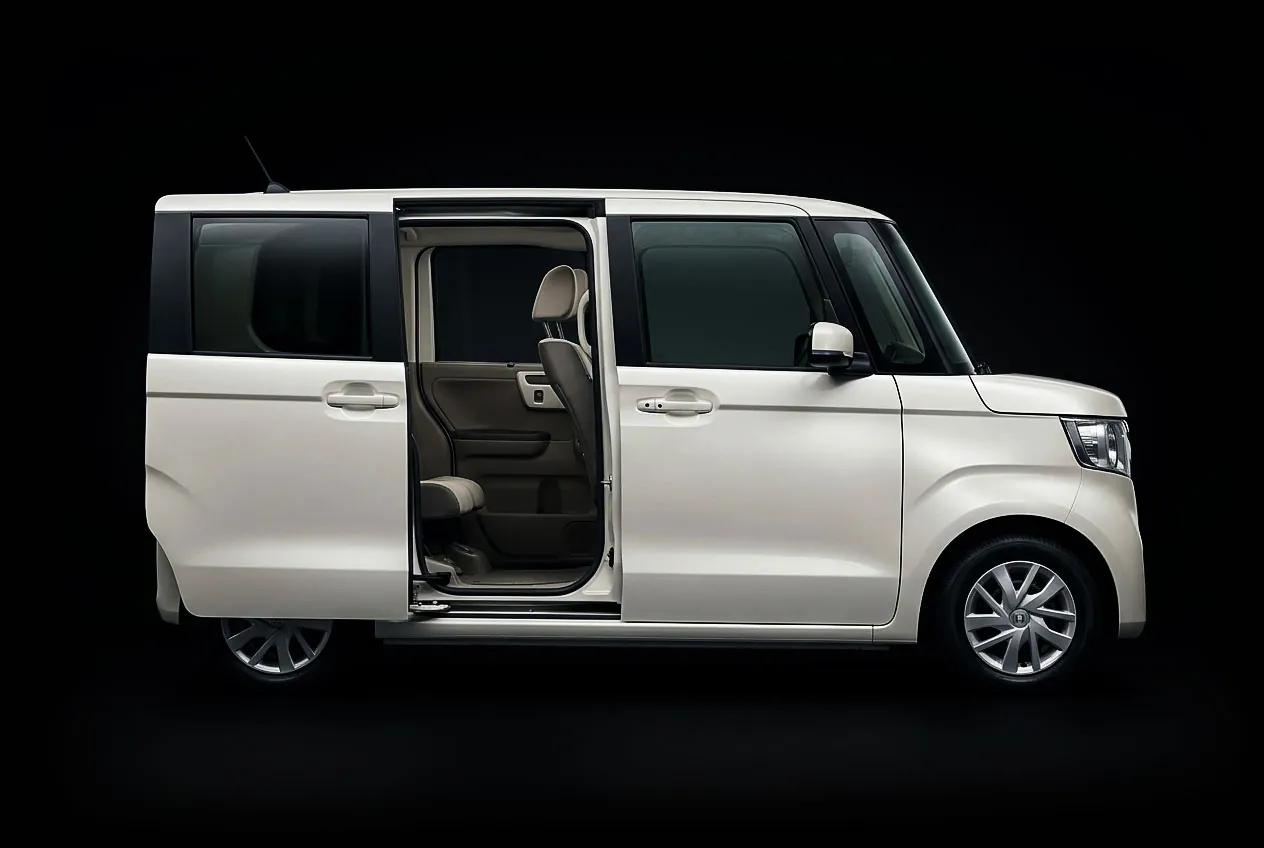 Side view of a white Honda N-Box Custom with the driver's door open